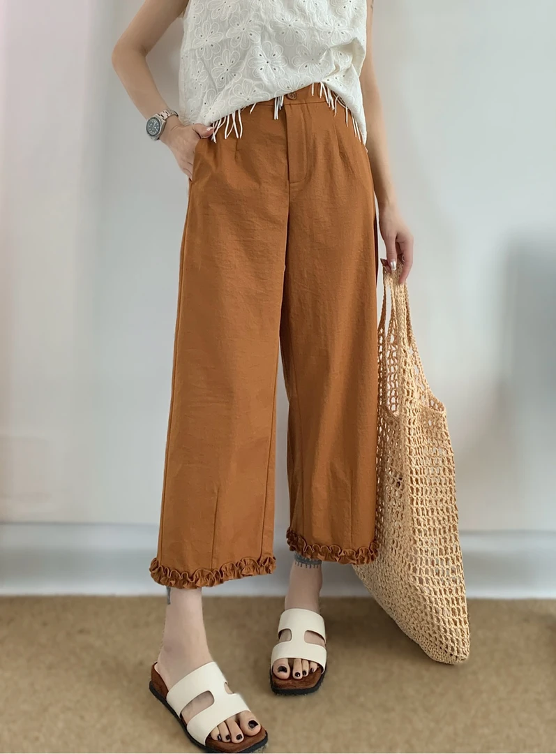 夏季新款宽松显瘦木耳边纯色极简休闲裤超薄款