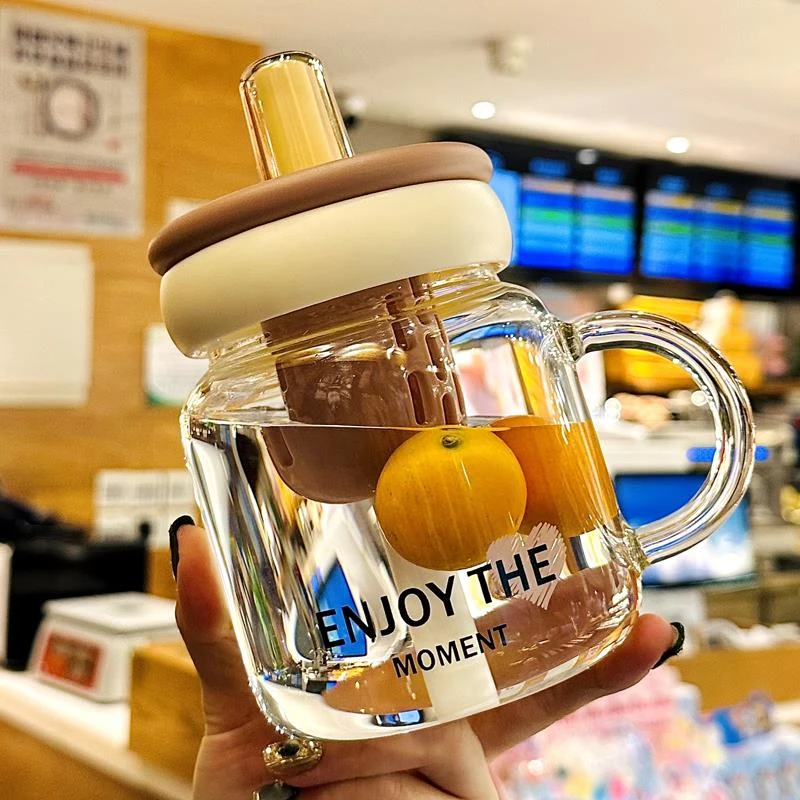 茶水分离泡茶杯子2025新款高硼硅玻璃杯带把手高颜值女生吸管水杯