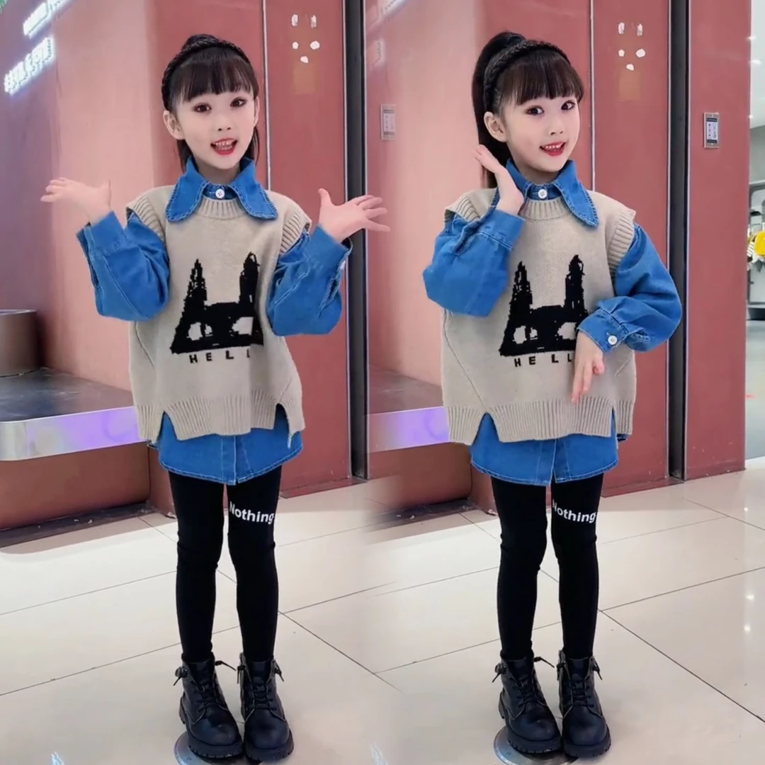 女童春装针织马甲三件套洋气女孩春秋时尚潮流套装儿童春季衣服