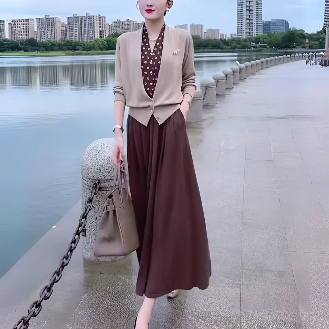 两穿气质波点针织衫开衫女外套秋冬高腰A字垂感中长款半身裙套装