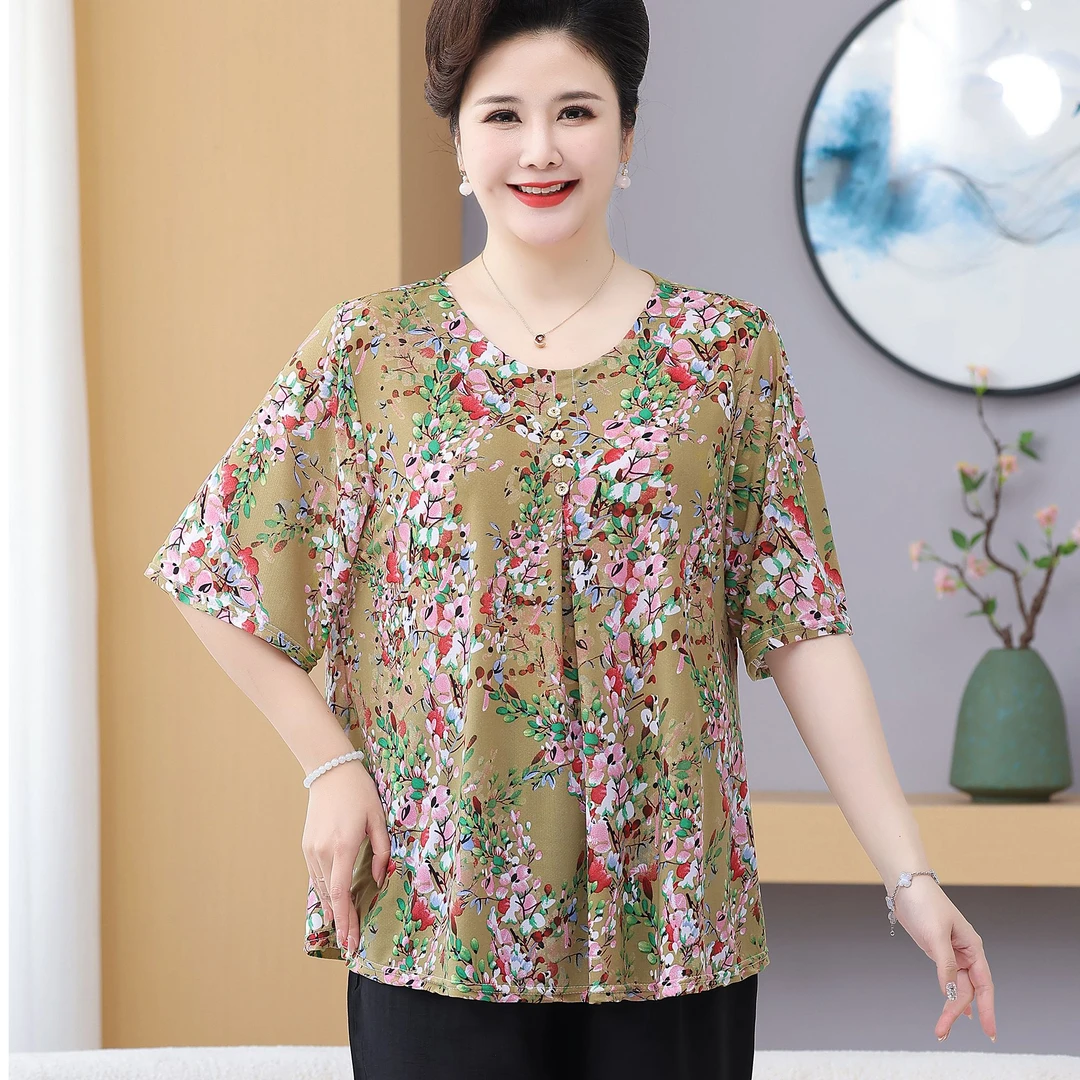 120-240斤特大码妈妈装夏休闲宽松印花圆领短袖T恤中老年女装上衣