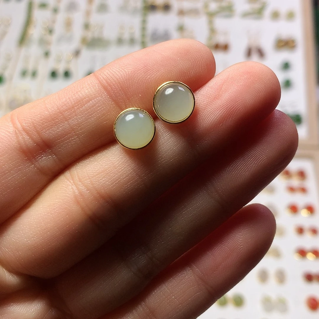 银S925镀金镶嵌和田玉（青白玉）耳饰