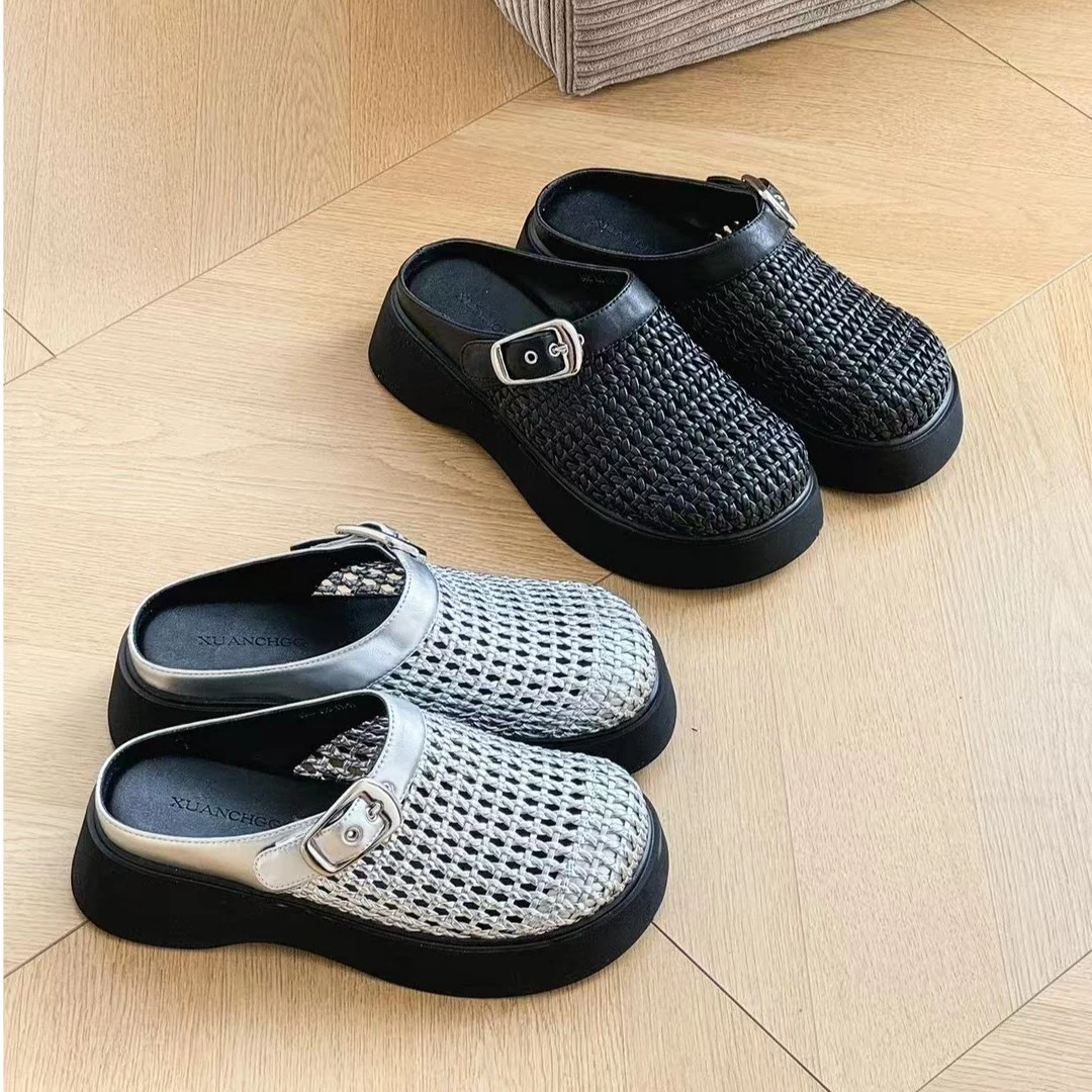 爆款编织包头拖鞋增高女鞋2025夏季新款镂空外穿网面厚底一脚蹬