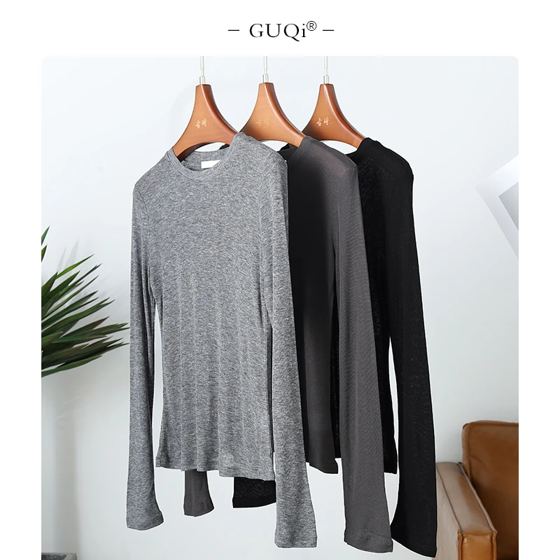 【古琦推荐】春款新款圆领休闲薄款微透长袖T恤打底衫纯色上衣0292