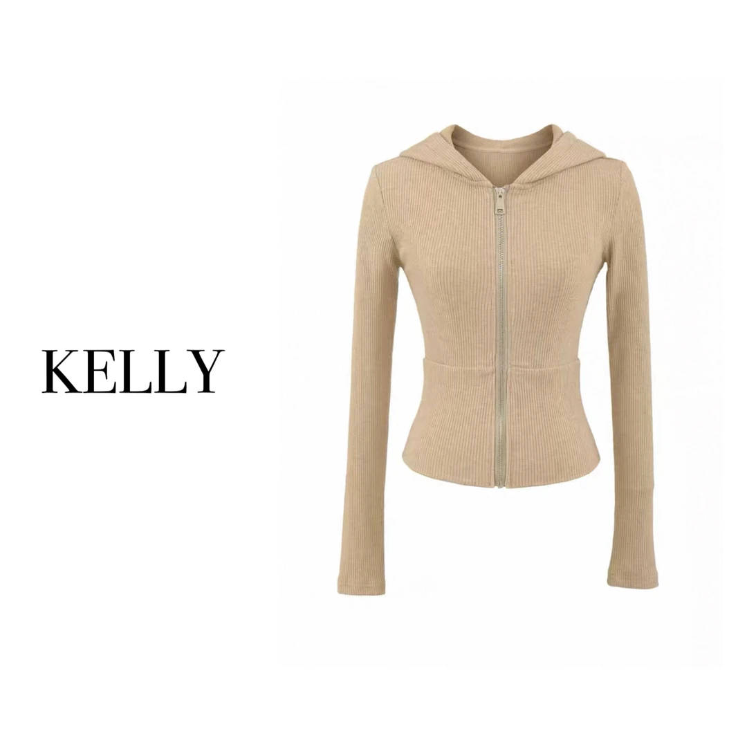 KELLY/休闲慵懒针织卫衣/修身运动毛针织开衫/秋冬连帽时髦长袖