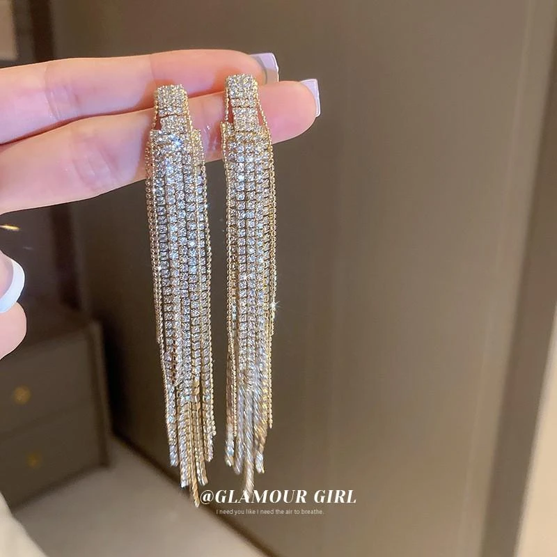 925银耳饰 银针金属风长款锆石树叶流苏耳环精致时尚耳坠