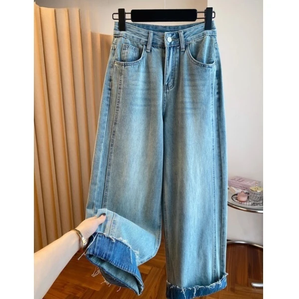 水洗做旧蓝色直筒牛仔裤女2025新款宽松休闲遮胯显瘦阔腿长裤