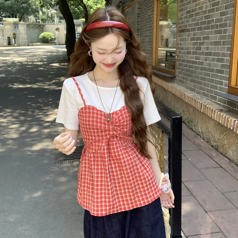 大码胖MM格子吊带假两件短袖T恤女夏设计感百搭显瘦洋气小衫上衣