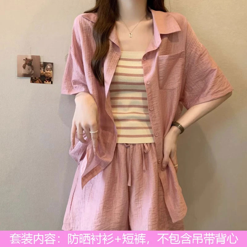 防晒衬衫短裤运动套装女2025新款夏季韩版宽松大码时尚休闲两件套