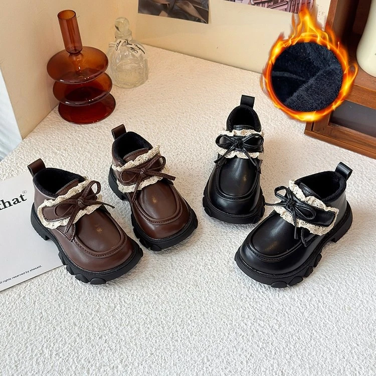 女童英伦风加绒小短靴公主小皮鞋2025新款厚底乐福鞋森系鞋子A623