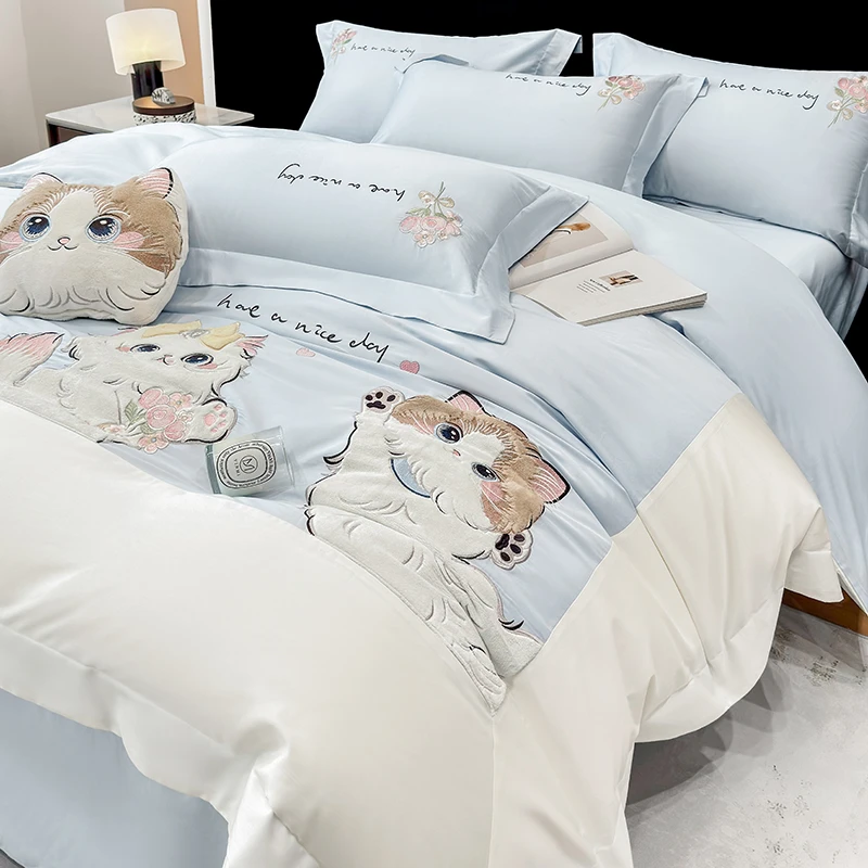 A类200支长绒棉刺绣四件套全棉纯棉卡通贴布绣被套床单款可爱床品