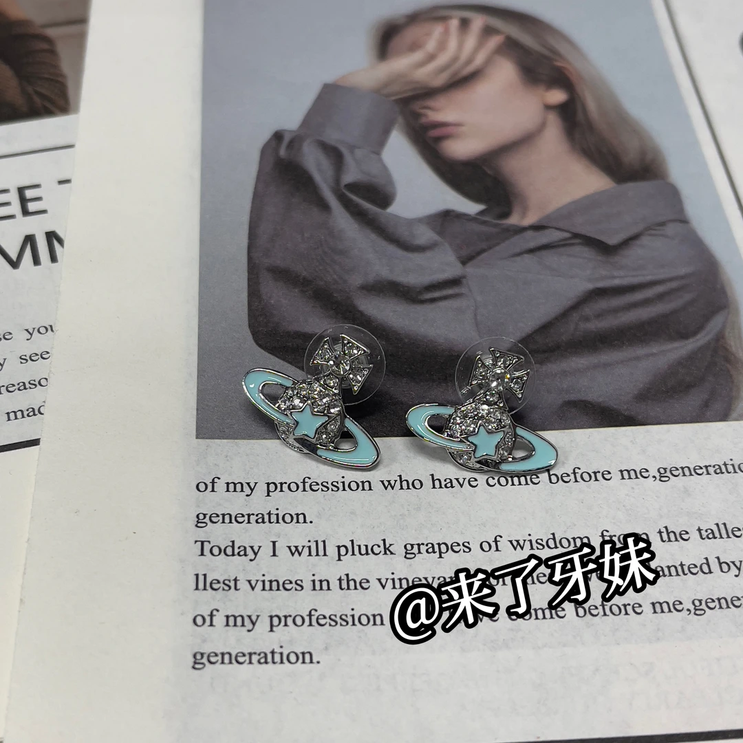 合金耳饰 YM【小西蓝色环星土星耳钉】气质时尚百搭轻奢复古设计师