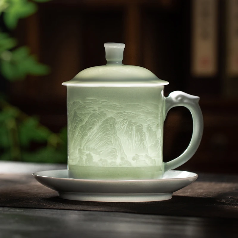 景德镇陶瓷办公杯影青浮雕山水杯家用茶杯个人专用大容量带盖杯子