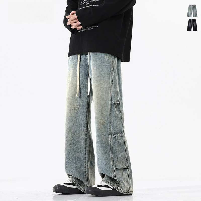 高街美式水洗压褶牛仔裤男士春季潮流新款宽松直筒阔腿休闲长裤子