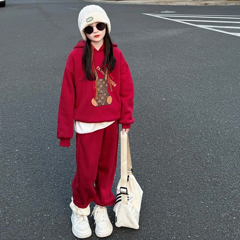 女童加绒卫衣套装一体绒过年服2024冬季新款洋气时髦两件套中大童