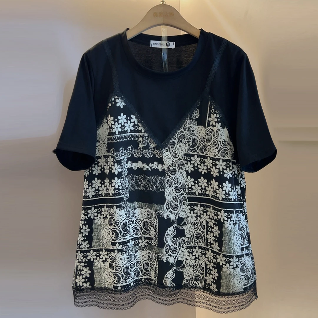 夏季拼接短袖常规常规款女性碎花T恤假两件打底衫内外穿时尚气质