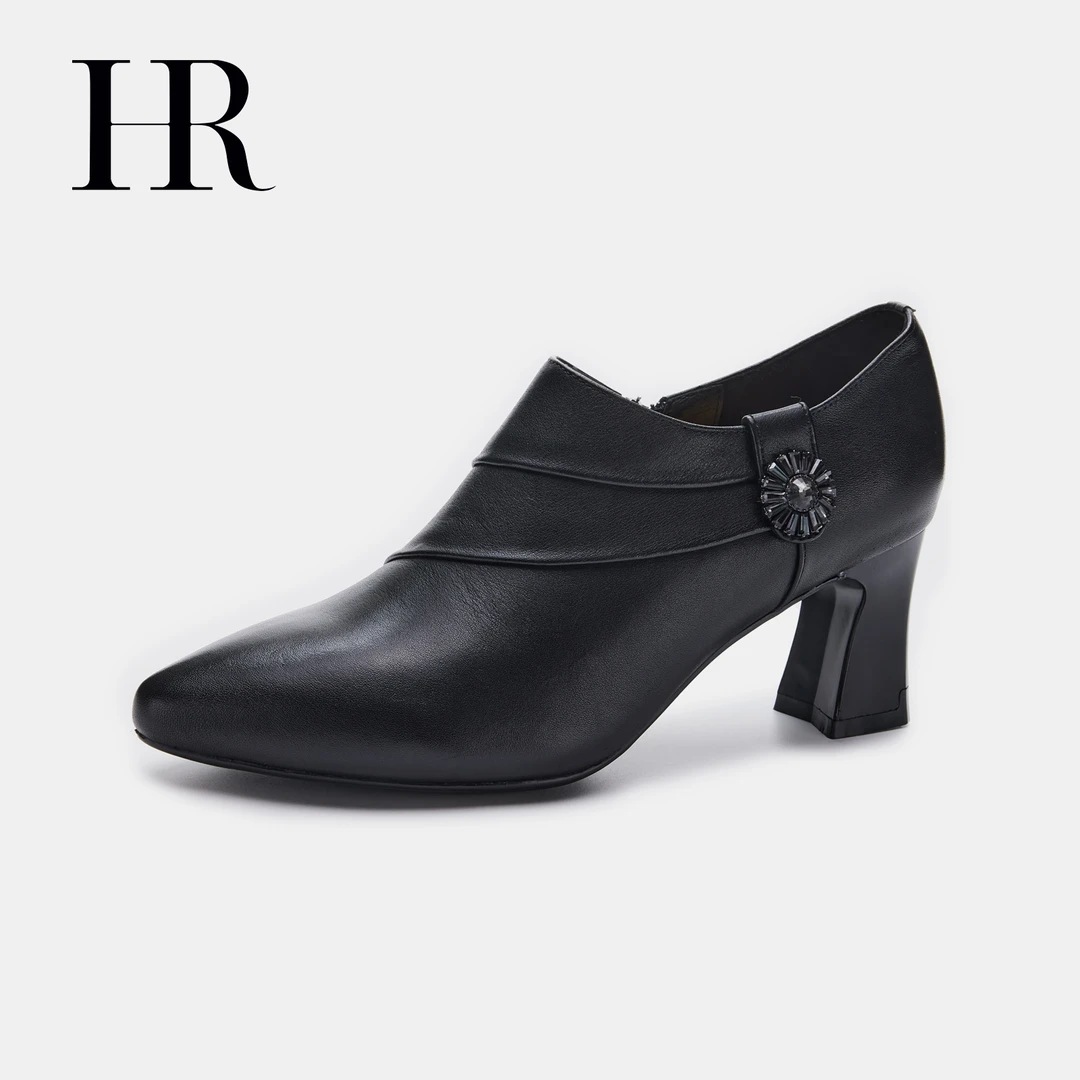 HR/赫莲娜2025春夏新款法式高跟鞋浅口黑色真皮高级时尚气质单鞋.