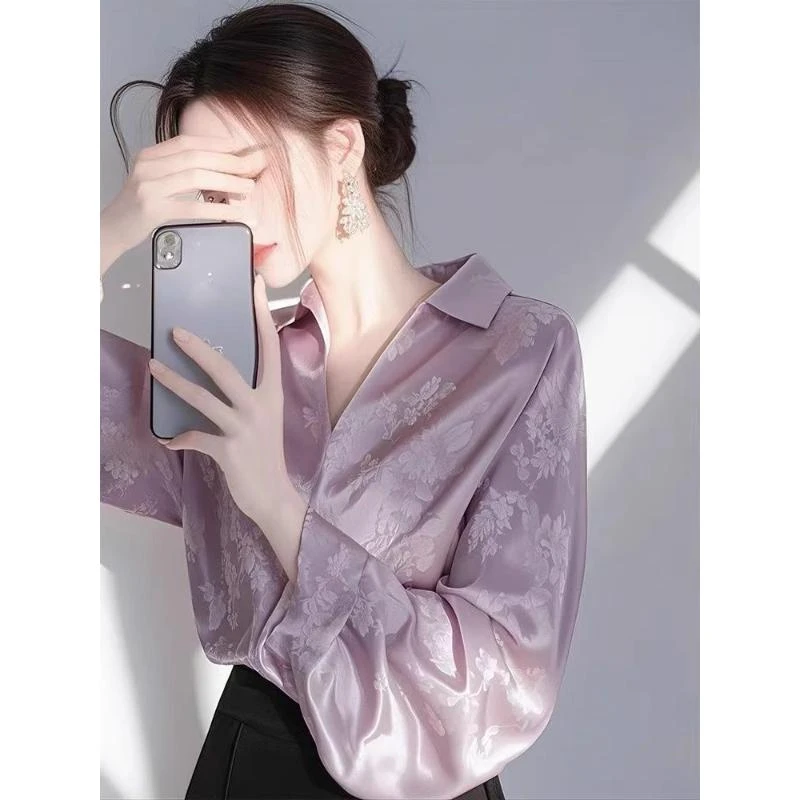 2025春季爆款紫色缎面提花衬衫女早春新款法式长袖上衣