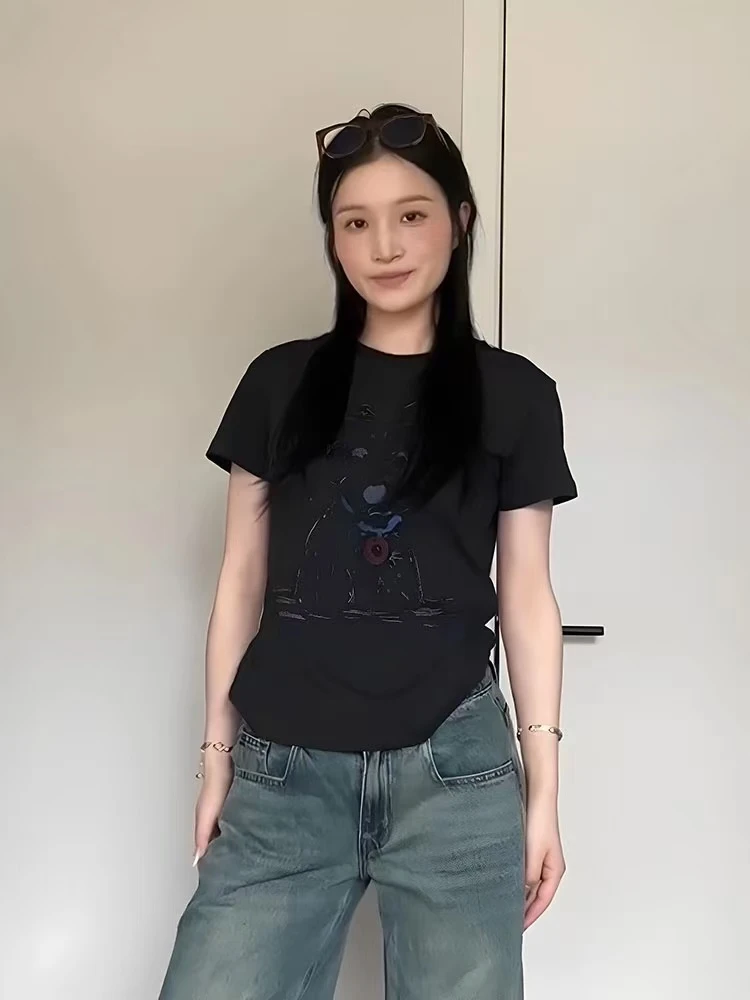 夏短袖女2025新款爆款韩系百搭独特漂亮的小上衣黑色小狗印花T恤