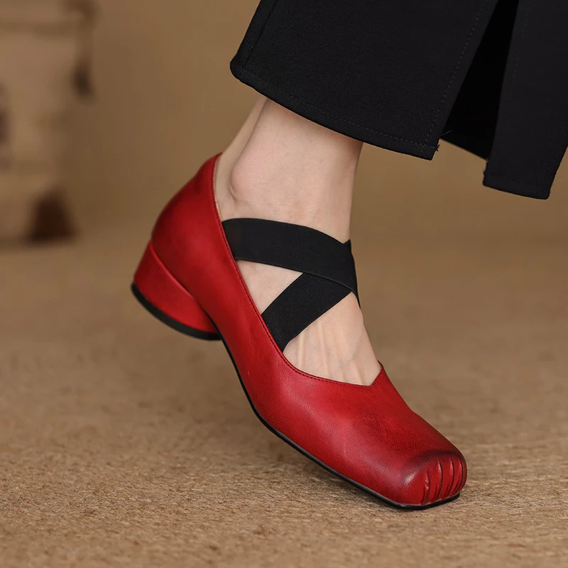 跟高3cm/复古风~真皮粗跟单鞋女中跟方头芭蕾舞鞋