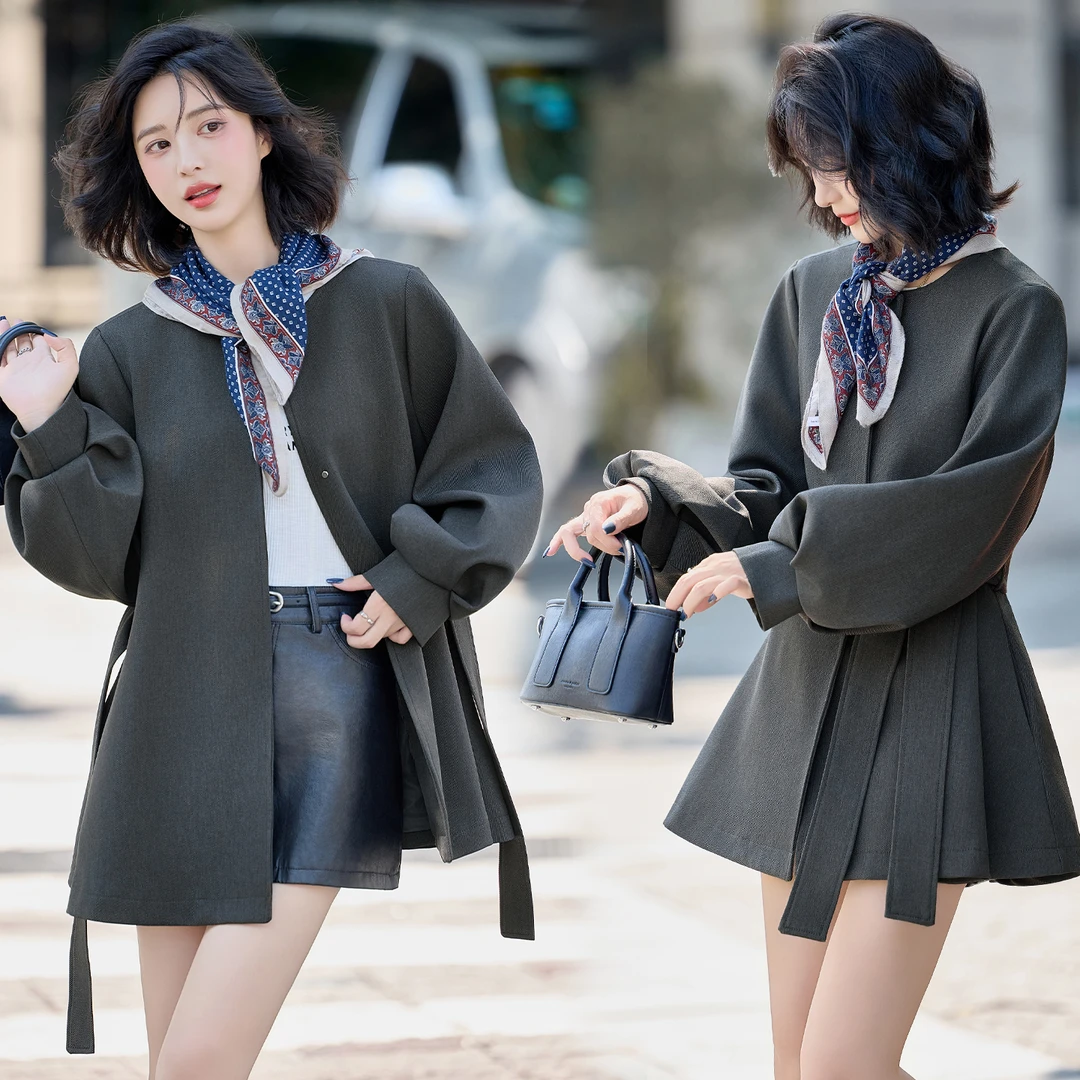 韩系灯笼袖风衣外套女2025秋季新款小个子收腰系带高级感夹克上衣