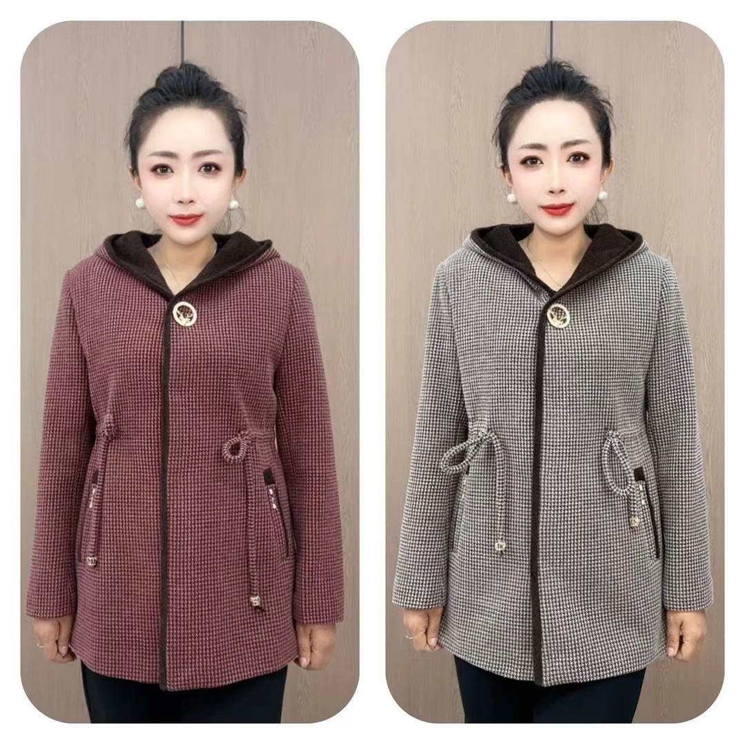 13涵之轩中产款千鸟格抽腰藏肉显瘦精品秋冬大方外套(久久)