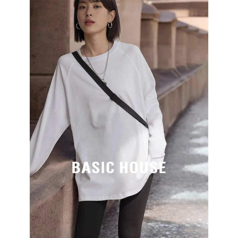 Basic House/百家好中长款白色长袖T恤女早秋宽松圆领内搭打底衫