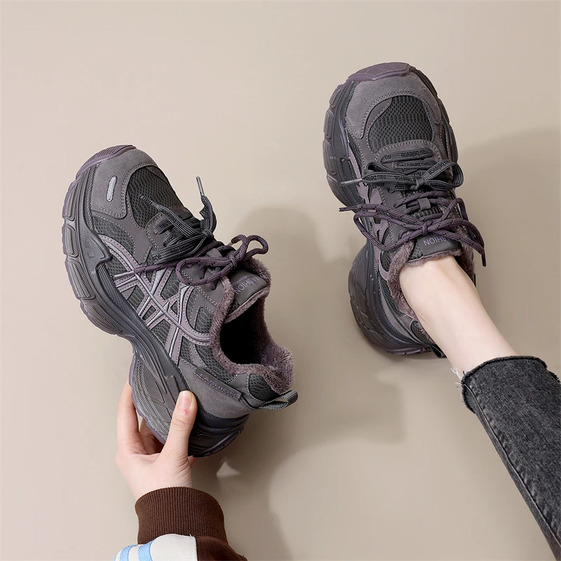 加绒复古老爹鞋女2025秋季新款百搭时尚轻便保暖系带休闲运动鞋女