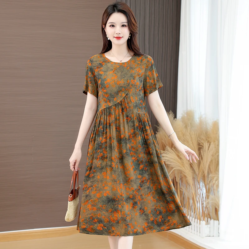 2025夏季新款棉绸连衣裙女人造棉旅游度假中长款时尚宽松大码裙子