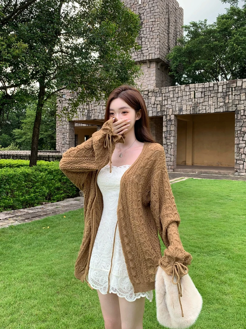 白水女 松弛感抽绳设计感百搭针织开衫长款外套B50954132