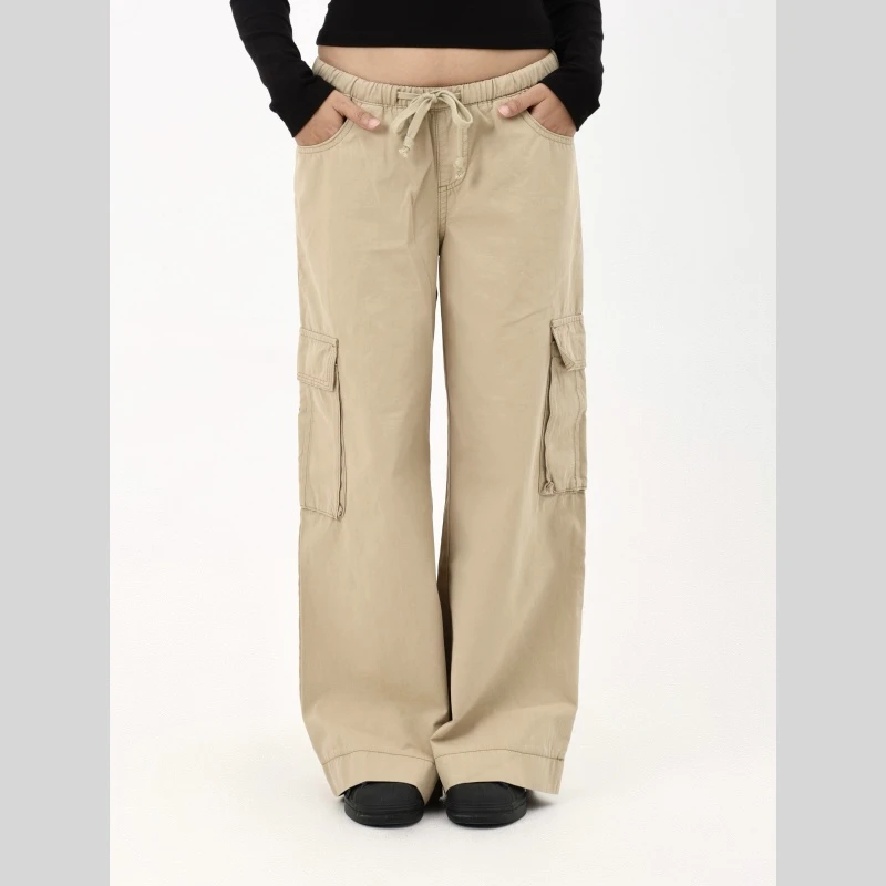 MIMIETTE小个子低腰宽松阔腿直筒卡其色工装裤松紧腰抽绳低腰裤