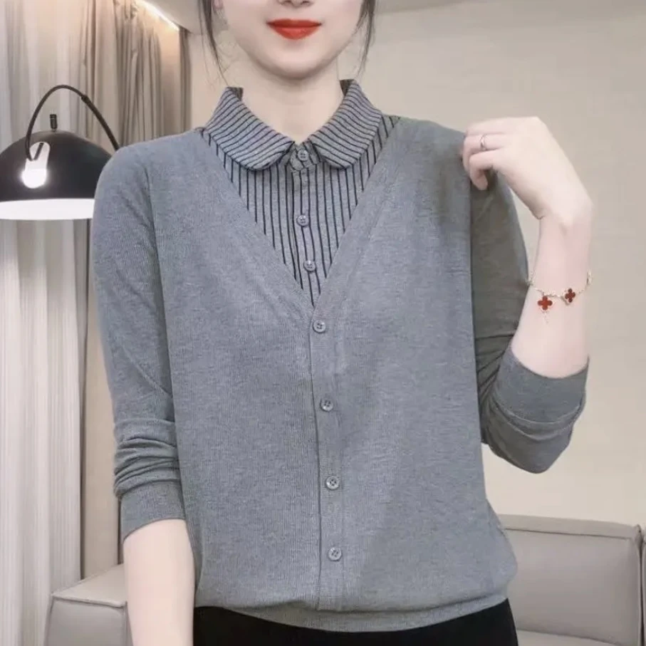 2025秋装新款拼接假两件衬衫T恤宽松显瘦卫衣女春秋