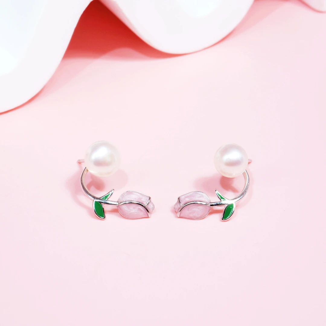 925银仿珍珠耳饰 925银郁金香珠珠耳钉 两戴款清新甜美可爱耳饰