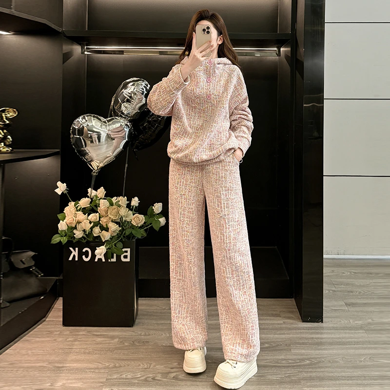 韩系慵懒风穿搭一整套女2025秋冬抽绳连帽卫衣阔腿裤休闲两件套装