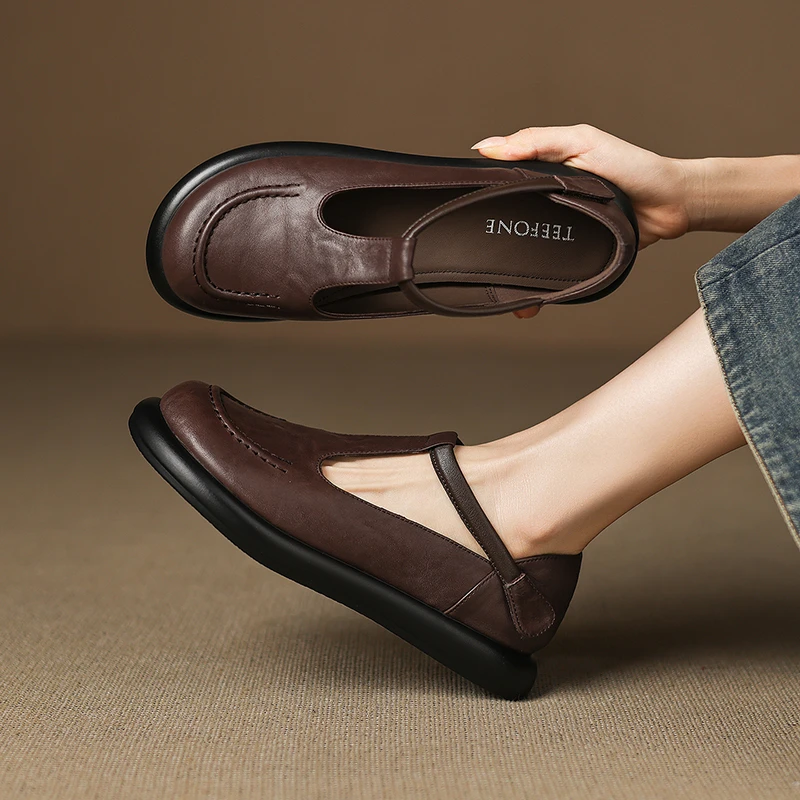 头层小牛皮2.5cm魔术贴平跟休闲奶奶鞋单鞋浅口舒适百搭软底单鞋