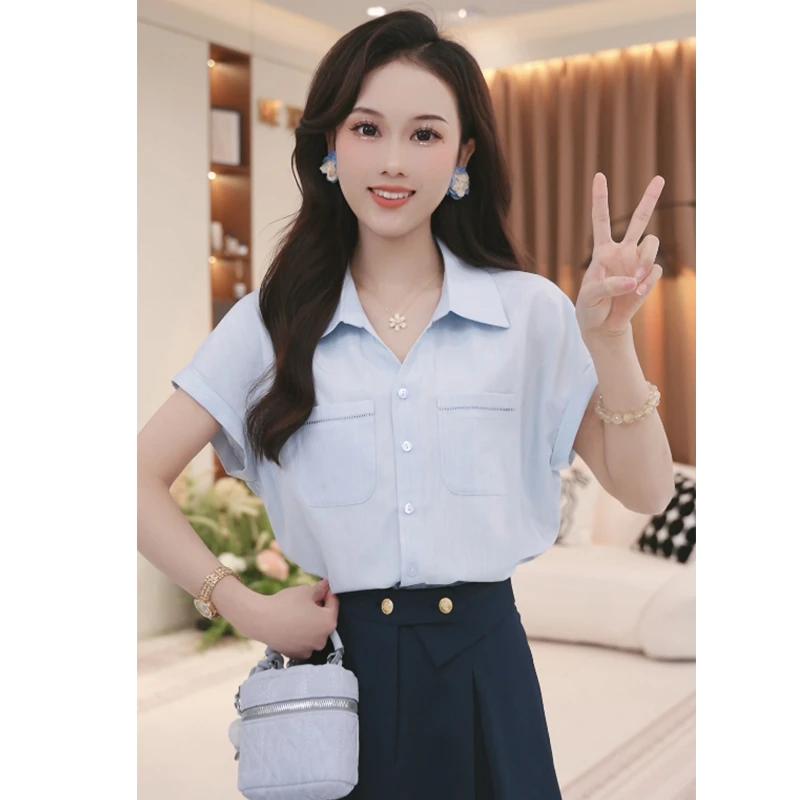 韩系小清新宽松蓝色衬衫女2025夏季新款POLO领百搭上衣TU26993