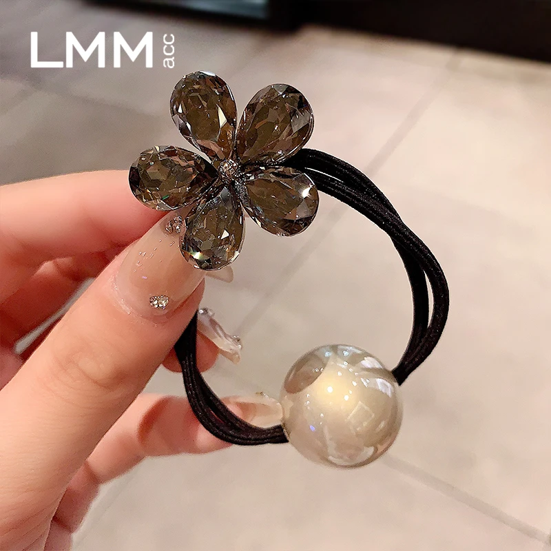 网红洋气水晶花朵珍珠发圈2025扎高马尾丸子头发绳高弹力百搭皮筋
