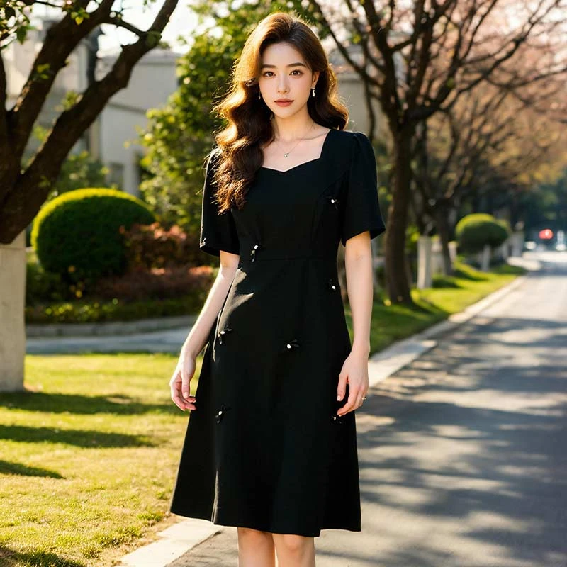 奢姿大码女装2025夏季时尚方领连衣裙胖妹妹气质蝴蝶结装饰裙子