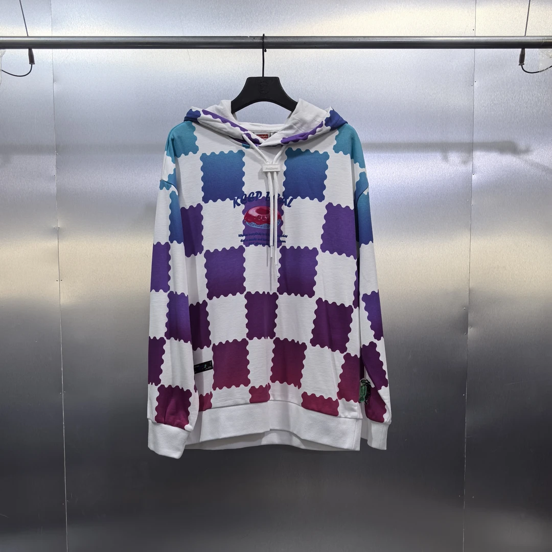 D05-120235-RES春秋款格子渐变背面甜甜圈印花宽松百搭连帽卫衣