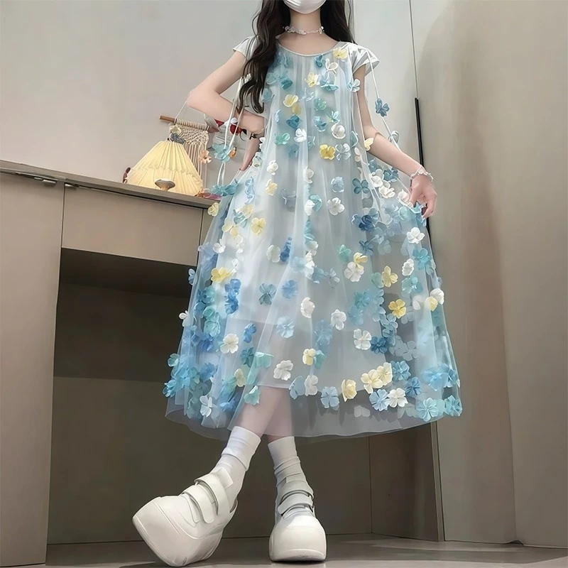 女童夏天高级感裙子立体花朵连衣裙2025新款儿童夏装薄款夏季洋气