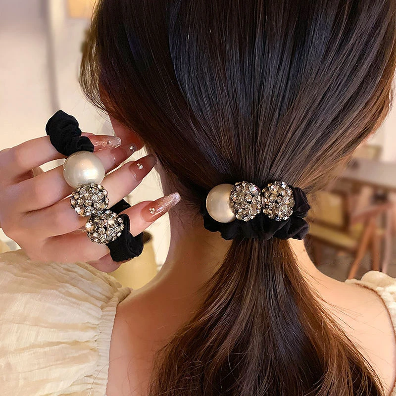 时尚新款蝴蝶结镶钻发圈女气质珍珠马尾发绳百搭扎丸子头绳发饰品