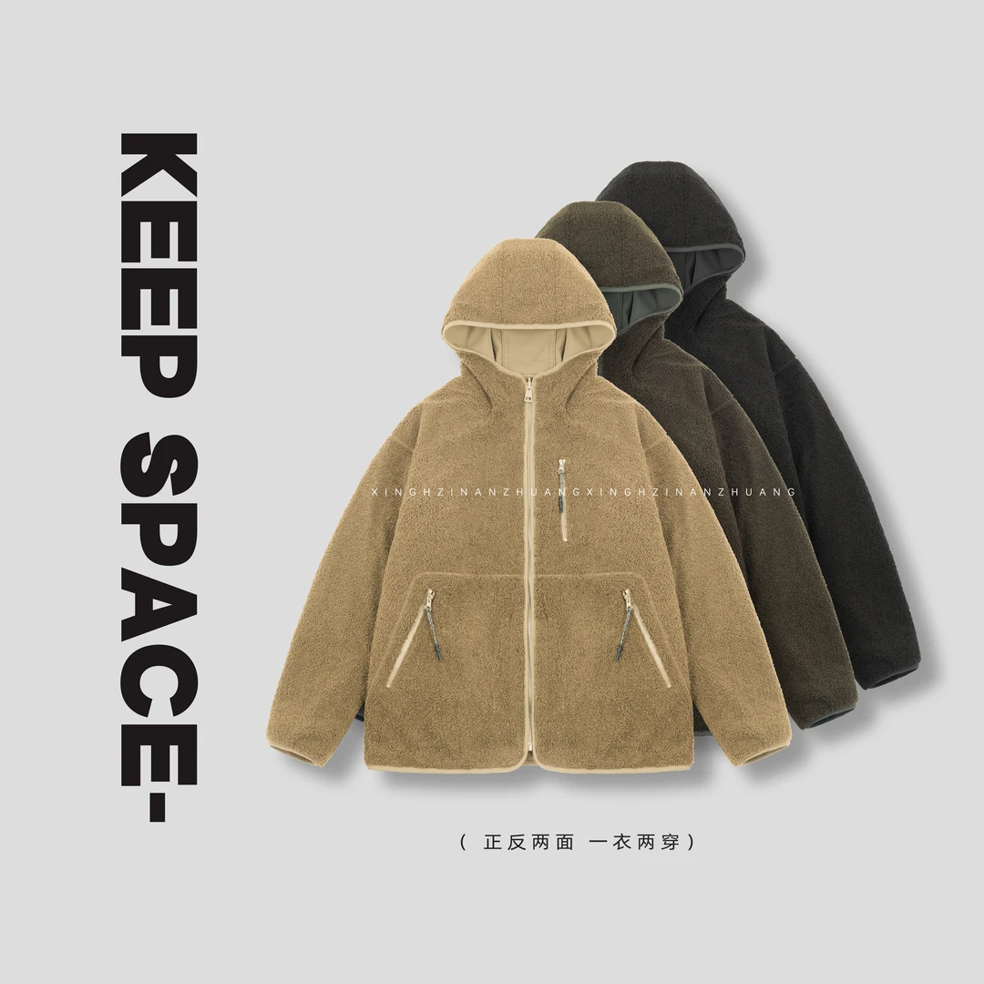 【两面穿】加厚颗粒绒保暖外套情侣款连帽夹克休闲棉服24411#0010