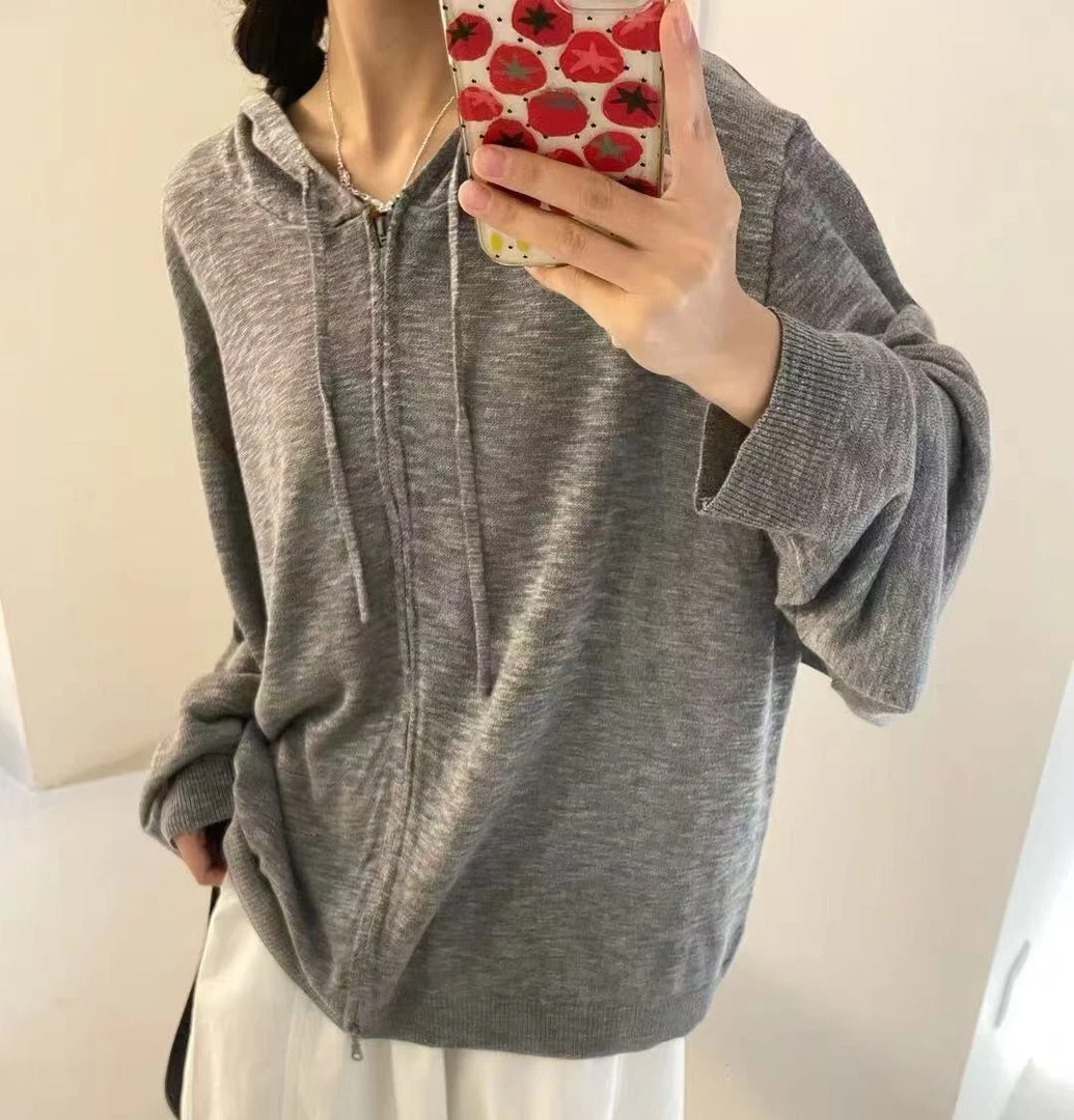 4253号#12298#纯色韩系宽松连帽休闲拉链针织长袖开衫G3-32b