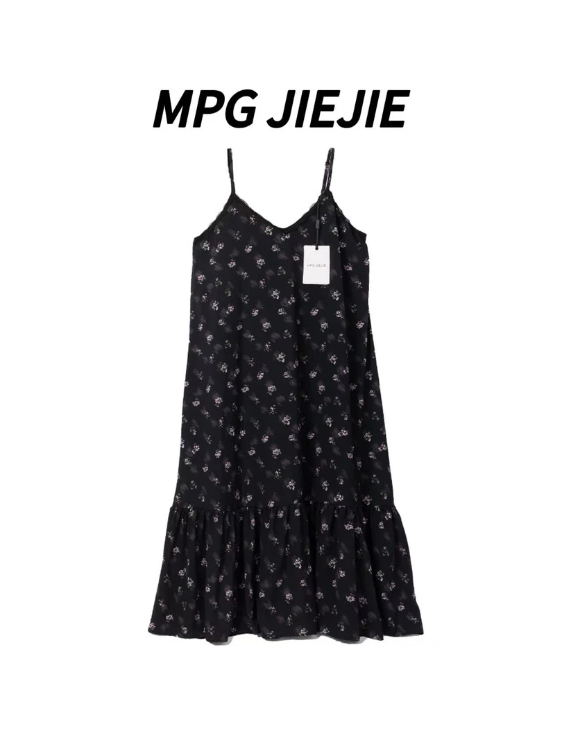 MPG JIEJIE【佳人有约】25春夏法式复古黑色粉碎花V领吊带连衣裙