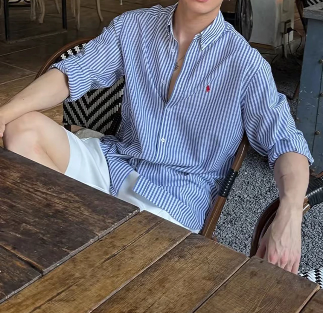 时尚休闲清凉阳光穿搭棉麻美式条纹复古长袖衬衫2508C345