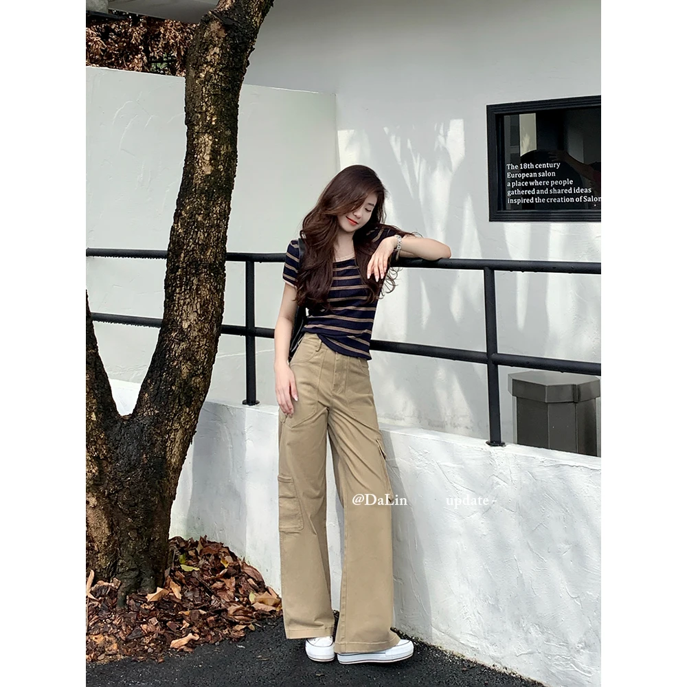 DUOXINIU/多喜牛/DaLin早秋新款弹力工装牛仔裤阔腿裤女高腰口袋