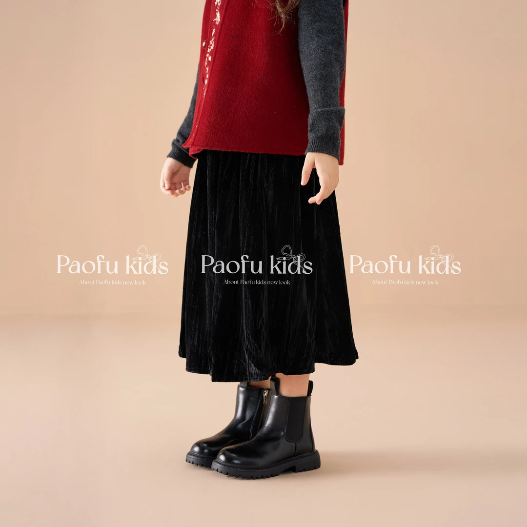 泡芙定制 新款冬季女童洋气丝绒裙百搭黑色时尚半身裙 PF51113
