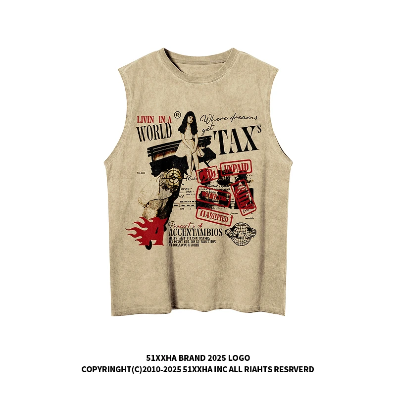 51嘻哈美式复古印花运动坎肩背心男夏季潮牌宽松休闲情侣无袖T恤