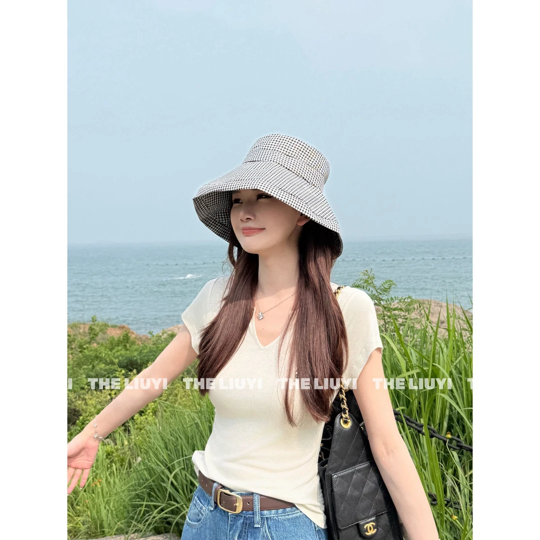 【LIUYI】韩系千鸟格大帽檐防风绳渔夫帽2697