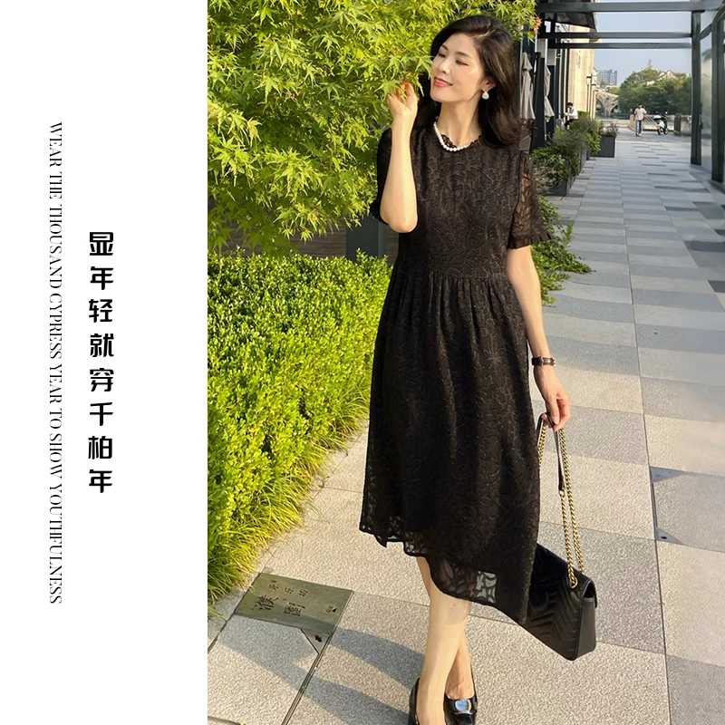 千柏年【墨影幽姿】优雅减龄蕾丝连衣裙C3132